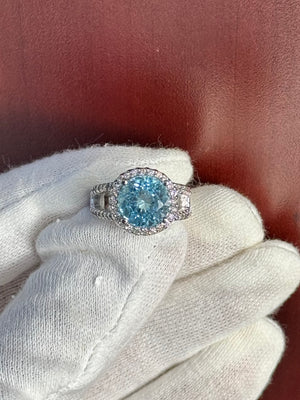 Sky Blue Topaz and Diamond Ring 14K White Gold – 4.01 Ct Cushion Cut Topaz with 0.52 Ct Diamond Halo – Cocktail Ring - Size 3.5
