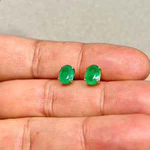 Natural Emerald Stud Earrings 8x6mm Oval AA in 14K Yellow Gold | May Birthstone Large Green Gemstone Studs Gift for Her
