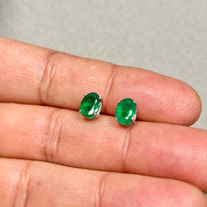 Natural Emerald Stud Earrings 8x6mm Oval AA in 14K White Gold | May Birthstone Large Green Gemstone Studs
