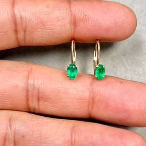 Natural Emerald Lever back Earrings 6x4mm Oval AA in 14K Yellow Gold | May Birthstone Green Gemstone Dangle Earrings