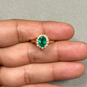 Emerald Cluster Ring | 14K Yellow Gold Diamond Halo — Anniversary Gift for Her Ring Size 7