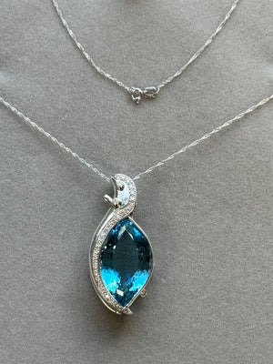 Aquamarine Marquise Pendant 20 Ct Santa Maria Blue, 25x15mm AAA Aquamarine Necklace in 18K White Gold with 0.80 Ct Diamond Accent