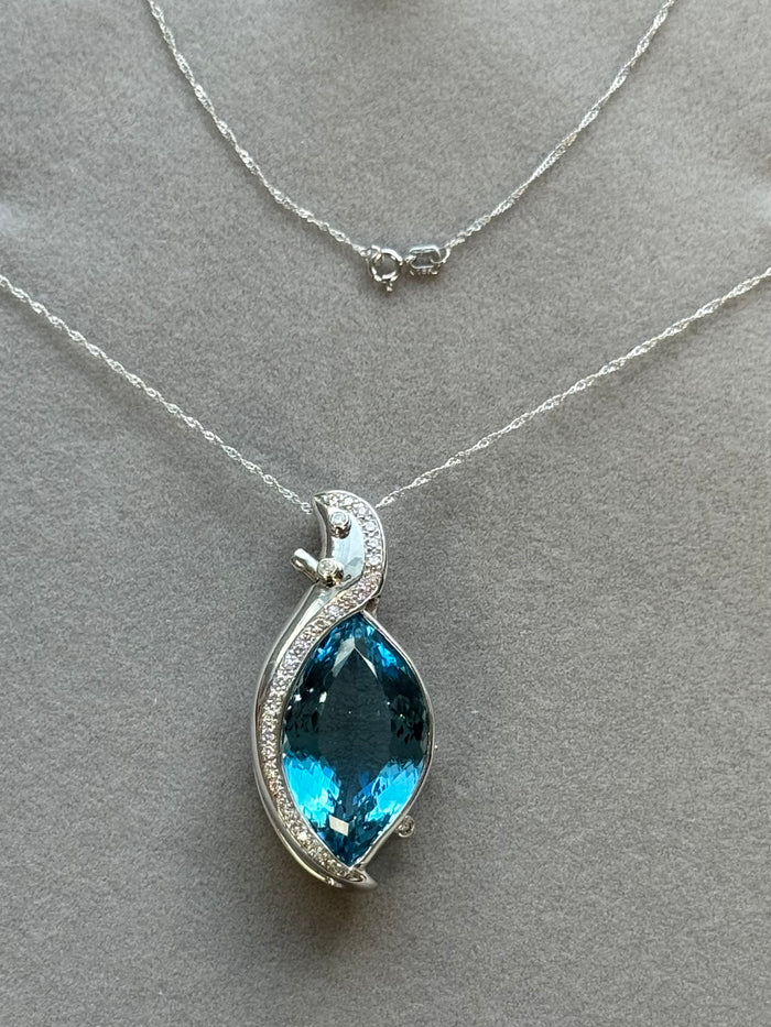 Aquamarine Marquise Pendant 20 Ct Santa Maria Blue, 25x15mm AAA Aquamarine Necklace in 18K White Gold with 0.80 Ct Diamond Accent