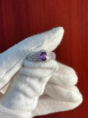 0.44 Ct Diamond & 0.95 Ct Purple Sapphire Ring in 14K White Gold – Cushion Cut Sapphire, Statement Solitaire Jewelry, Gift for Her
