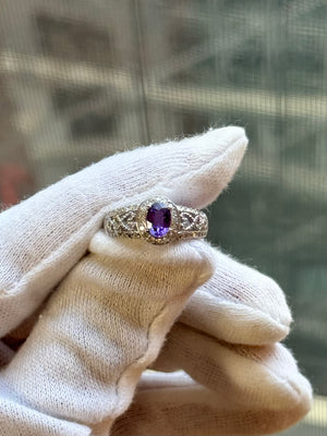 0.44 Ct Diamond & 0.95 Ct Purple Sapphire Ring in 14K White Gold – Cushion Cut Sapphire, Statement Solitaire Jewelry, Gift for Her