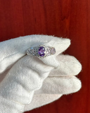 0.44 Ct Diamond & 0.95 Ct Purple Sapphire Ring in 14K White Gold – Cushion Cut Sapphire, Statement Solitaire Jewelry, Gift for Her