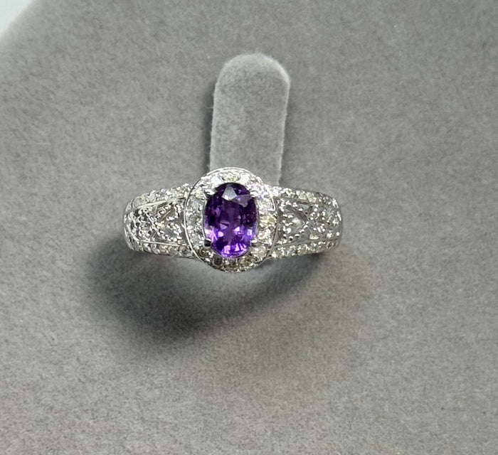 0.44 Ct Diamond & 0.95 Ct Purple Sapphire Ring in 14K White Gold – Cushion Cut Sapphire, Statement Solitaire Jewelry, Gift for Her