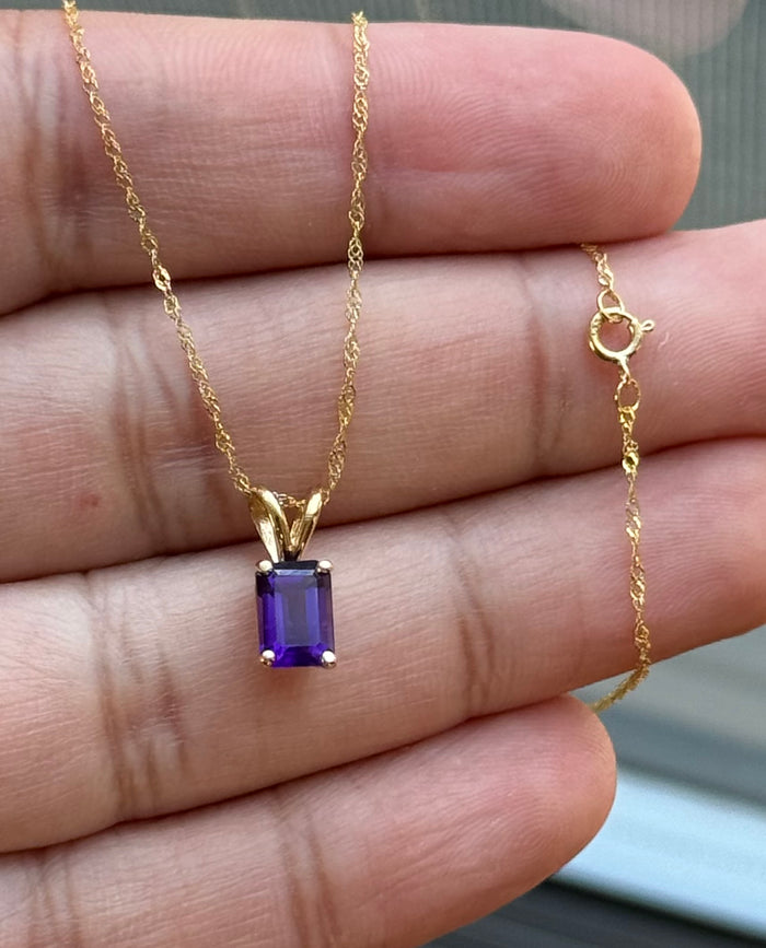 0.65 Ct Emerald-Cut Amethyst Solitaire Pendant 7x5 mm in 14K Yellow Gold – AAA Amethyst Necklace, February Birthstone Jewelry, Gift for Her