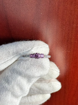 0.80 Ct Diamond & Pink Sapphire Three Stone Ring in 18K White Gold – Sapphire Engagement Ring, Diamond Accent Pink Sapphire Jewelry