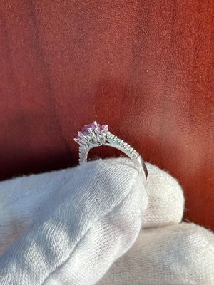0.80 Ct Diamond & Pink Sapphire Three Stone Ring in 18K White Gold – Sapphire Engagement Ring, Diamond Accent Pink Sapphire Jewelry