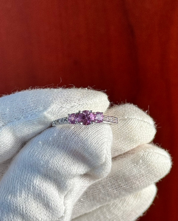 0.80 Ct Diamond & Pink Sapphire Three Stone Ring in 18K White Gold – Sapphire Engagement Ring, Diamond Accent Pink Sapphire Jewelry