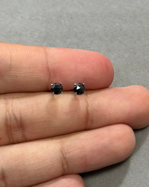 0.65 Cts of 4.1-4.5 mm AA Round Rose Cut Black Diamond Stud Earrings in 14K White Gold | Natural Black Diamond Earrings