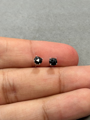 0.65 Cts of 4.1-4.5 mm AA Round Rose Cut Black Diamond Stud Earrings in 14K White Gold | Natural Black Diamond Earrings