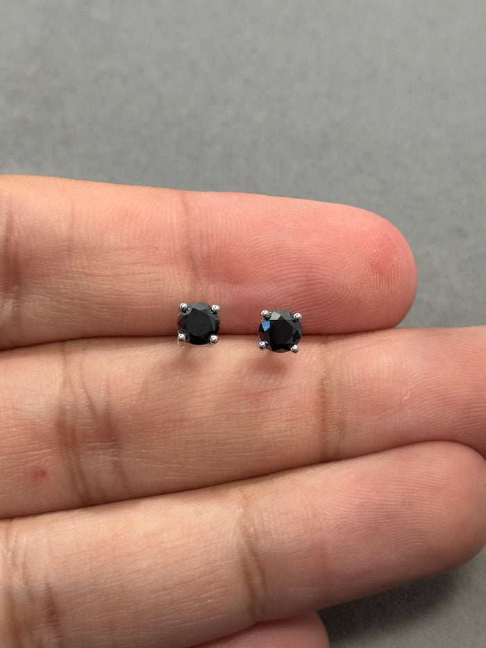 0.90 Cts of 4.0-4.5 mm AA Round Black Diamond Stud Earrings in 14K White Gold