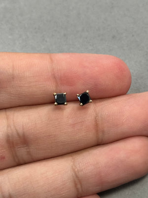 0.85 Cts of 3.5-4.0 mm AA Princess Cut Black Diamond Stud Earrings in 14K Yellow Gold | Classic Men’s & Women’s Solitaire Earrings