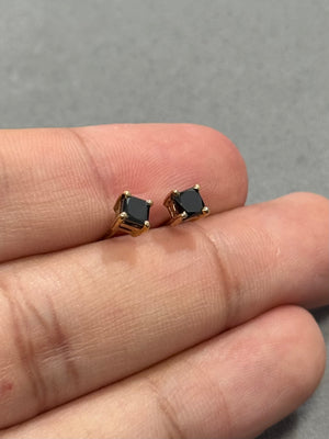 0.85 Cts of 3.5-4.0 mm AA Princess Cut Black Diamond Stud Earrings in 14K Yellow Gold | Classic Men’s & Women’s Solitaire Earrings