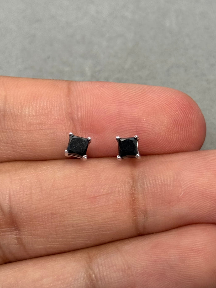 0.85 Cts AA Princess Cut Black Diamond Stud Earrings in 14K White Gold (3.5–4.0 mm)