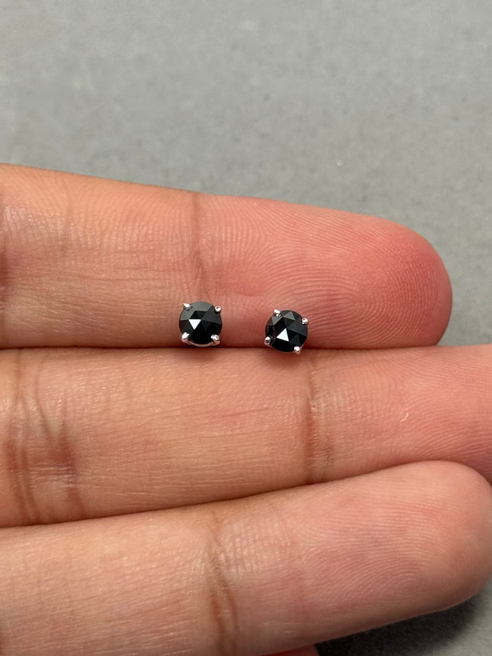 0.65 Cts of 4.1–4.5 mm AA Round Rose Cut Black Diamond Stud Earrings in 14K White Gold | Elegant Unisex Diamond Studs