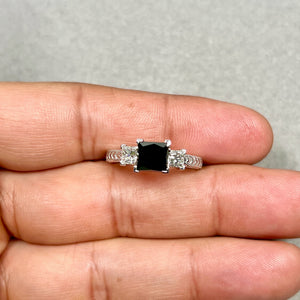 Black Diamond Ring | 14K White Gold Princess Cut Statement Ring — Anniversary Gift for Her Ring Size 10