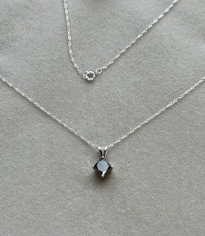 1.50 Cts EGL USA Certified AA Princess Cut Black Diamond Solitaire Pendant in 14K White Gold | Elegant Diamond Necklace