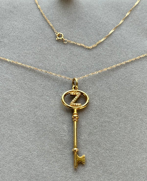 Diamond Initial Key Pendant: 14K Yellow Gold Letter Z Necklace