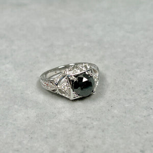 Black Diamond Ring | 14K White Gold Filigree Statement Ring — Anniversary Gift for Her Ring Size 6