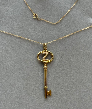 Diamond Initial Key Pendant: 14K Yellow Gold Letter Z Necklace