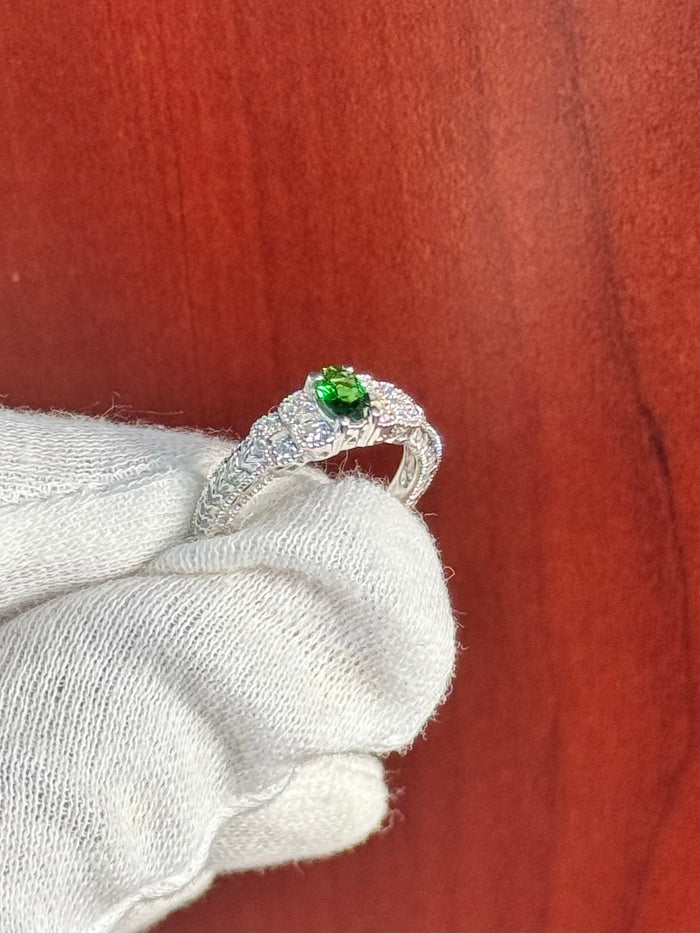 Tsavorite Garnet and Diamond Ring in 14K White Gold – 0.56 Ct AAA Oval Green Garnet with 0.10 Ct Diamonds, Available in Ring size 7