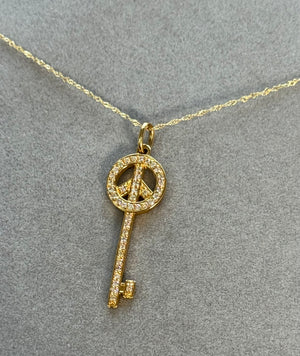 14K Yellow Gold Diamond Peace Key Pendant Necklace
