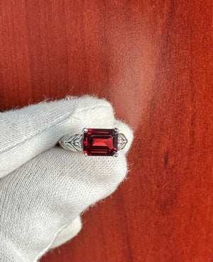 Emerald Cut Garnet and Diamond Ring in Silver – 4.05 Ct Garnet with 0.04 Ct Diamond Accent | January Birthstone Engagement, Cocktail Ring