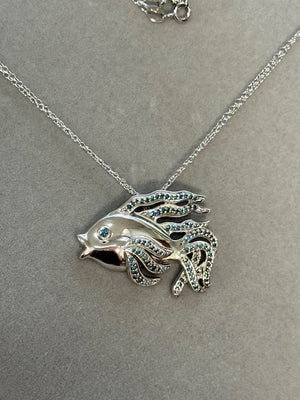 Blue Diamond Fish Pendant in Silver: Gemstone Animal Necklace