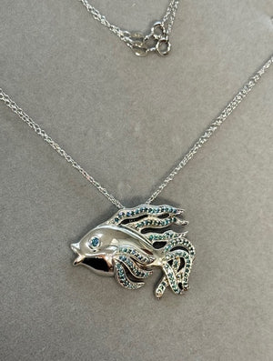 Blue Diamond Fish Pendant in Silver: Gemstone Animal Necklace