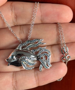 Blue Diamond Fish Pendant in Silver: Gemstone Animal Necklace