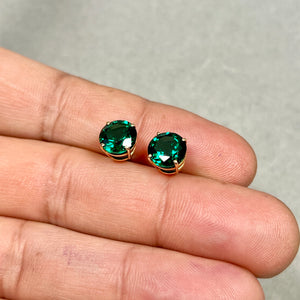 Lab created Emerald Stud Earrings 14K Yellow Gold | 8mm AAA Round Lab Created Emerald Bold Gemstone Earrings 3–4 Ct Statement Gift for Her
