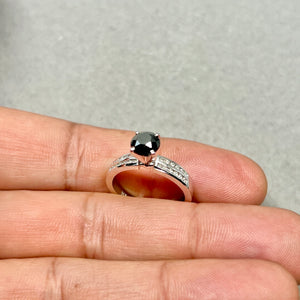 Black Diamond Engagement Ring 14K White Gold |Black Diamond Ring with White Diamond Side Stones an alternative Bridal Ring Size 7