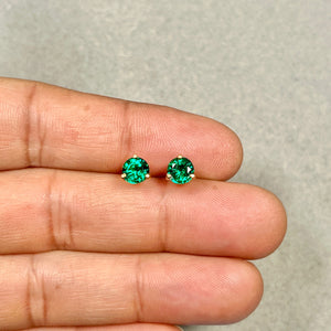 Emerald Stud Earrings | 14K Yellow Gold Lab Created Gemstone Studs — Elegant Birthday Gift for Her