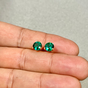 7mm Lab Created Emerald Stud Earrings | 14K Yellow Gold Round Earrings — Elegant Gift for Her