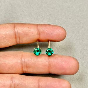 7mm Lab Created Emerald Leverback Earrings | 14K Yellow Gold Round Earrings — Elegant Gift for Her