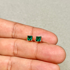 5mm AAA Princess Cut Lab Created Emerald Stud Earrings in 14K White Gold