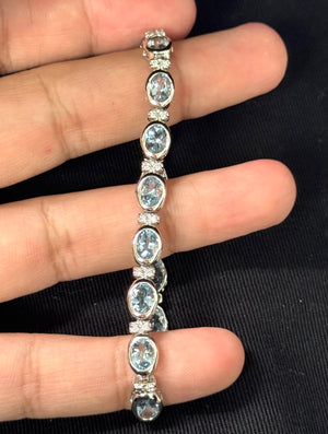 Aquamarine Diamond Bracelet 12 Ct Oval Stones with 0.32 Ct Diamonds in 14K White Gold | 7” Blue Gem Bracelet
