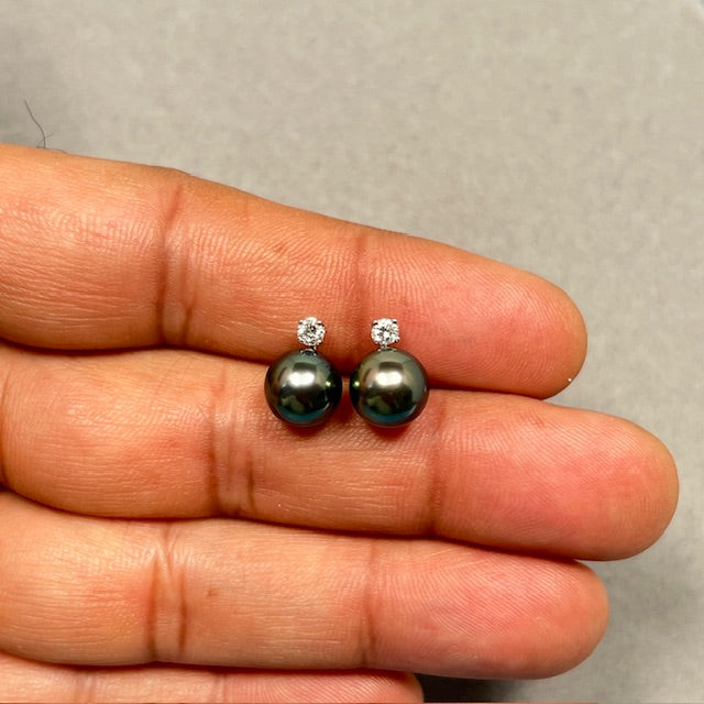Tahitian Pearl & Diamond Earrings | 0.15 Ct Diamond 8mm Cultured Pearl | 18K White Gold Fine Jewelry | Elegant Gift for Her
