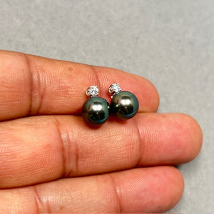 Tahitian Pearl & Diamond Earrings | 0.15 Ct Diamond 8mm Cultured Pearl | 18K White Gold Fine Jewelry | Elegant Gift for Her