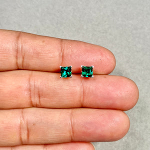 5mm Lab Created Emerald Scroll Stud Earrings | 14K White Gold Princess Cut Earrings