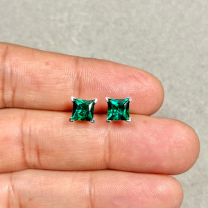 6mm Lab Created Emerald Scroll Stud Earrings | 14K White Gold Princess Cut Earrings