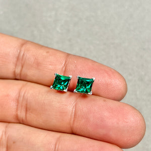 6mm Lab Created Emerald Scroll Stud Earrings | 14K White Gold Princess Cut Earrings