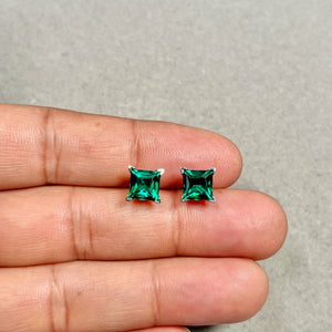 7mm Lab Created Emerald Scroll Stud Earrings | 14K White Gold Princess Cut Earrings — Elegant Gift