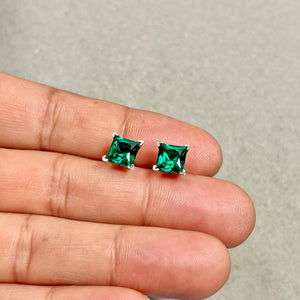 7mm Lab Created Emerald Scroll Stud Earrings | 14K White Gold Princess Cut Earrings — Elegant Gift