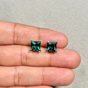 8mm Lab Created Emerald Scroll Stud Earrings | 14K White Gold Princess Cut Earrings