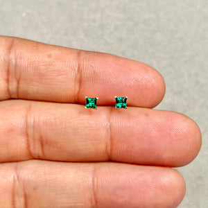 3mm Lab Created Emerald Scroll Stud Earrings | 14K Yellow Gold Princess Cut Earrings