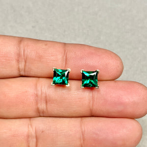 7mm Lab Created Emerald Scroll Stud Earrings | 14K Yellow Gold Princess Cut Earrings — Minimalist Earrings